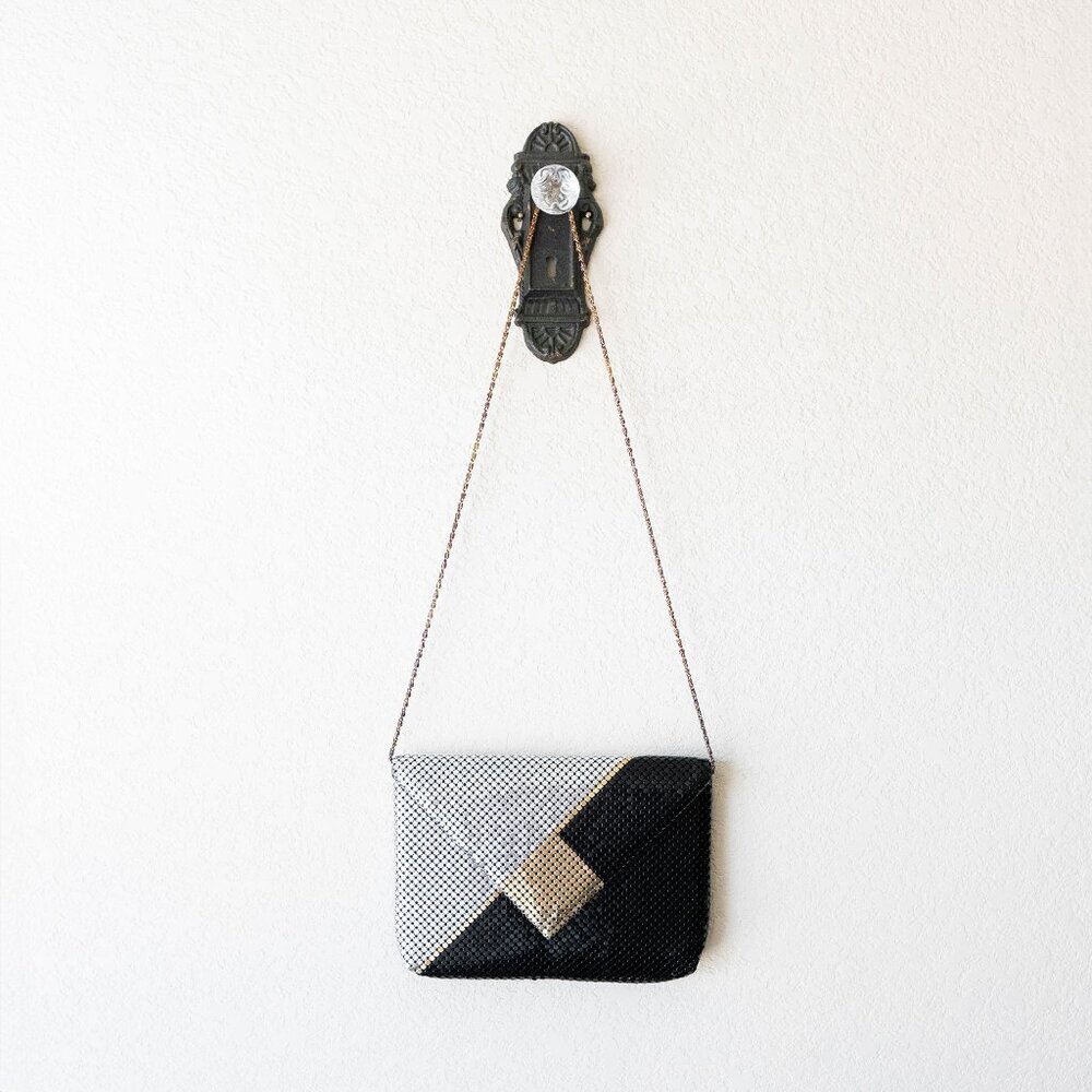 Vintage Gold Silver Black Mesh Foldover Clutch | Evening Bag Shoulder Purse